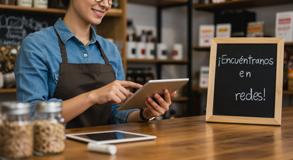 Dueña de pequeña empresa aplicando estrategias digitales desde su tienda.