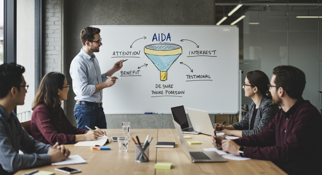 Equipo de marketing analizando el modelo AIDA en una pizarra con ejemplos prácticos como titulares, beneficios y llamados a la acción.