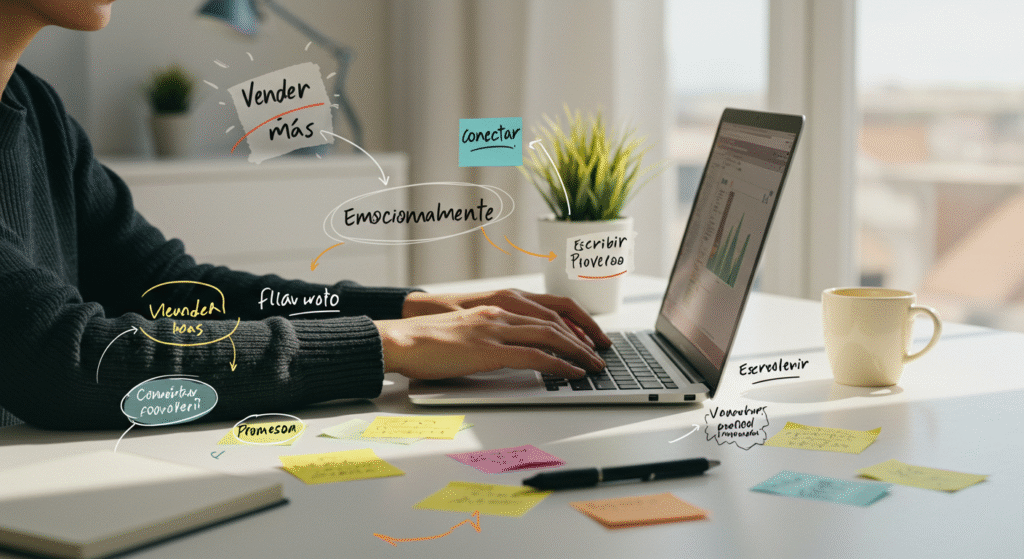 Persona trabajando en una laptop con notas alrededor que dicen “Vender más”, “Conectar emocionalmente” y “Escribir para convertir”.