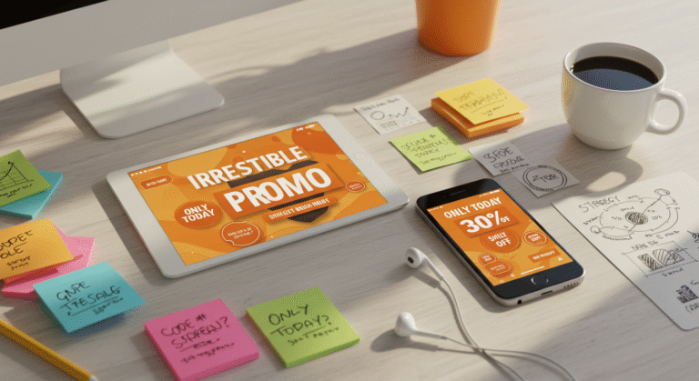 tablet y celular mostrando promociones en redes sociales, rodeados de elementos de trabajo digital y colores llamativos.