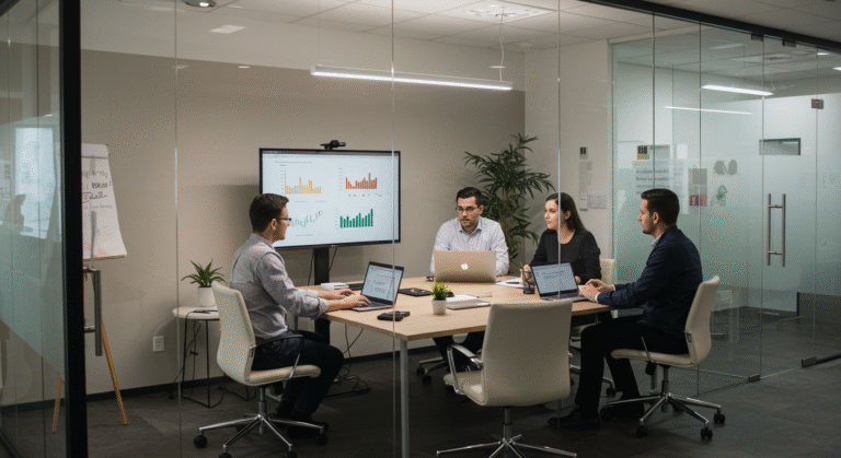 Reunión entre pyme y agencia de marketing digital para definir estrategias profesionales.