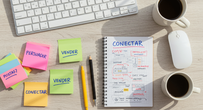 Escritorio con notas adhesivas que dicen “Persuadir”, “Vender” y “Conectar”, representando los fundamentos del copywriting persuasivo.