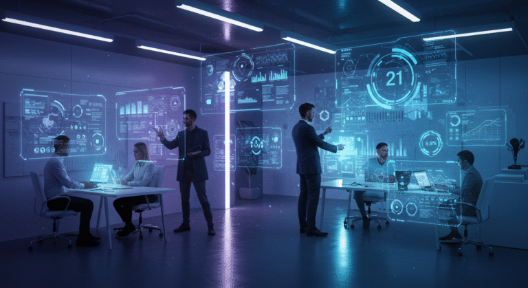 Equipo de PYME usando herramientas de IA para estrategia de marketing