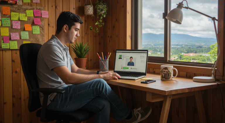 Joven emprendedor costarricense usando ChatGPT en su pyme desde una oficina